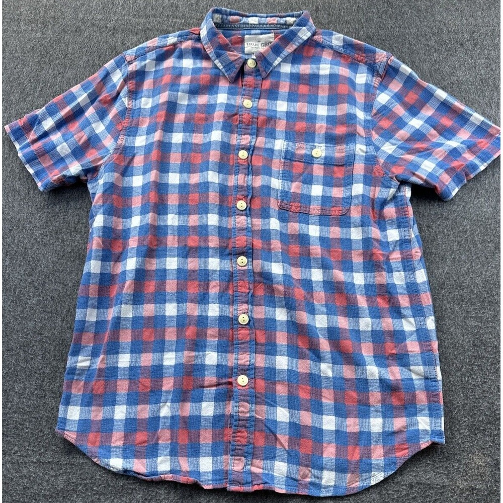 True Grit Shirt‎ Mens Small Blue Coral Plaid Cotton Short Sleeve Button Up